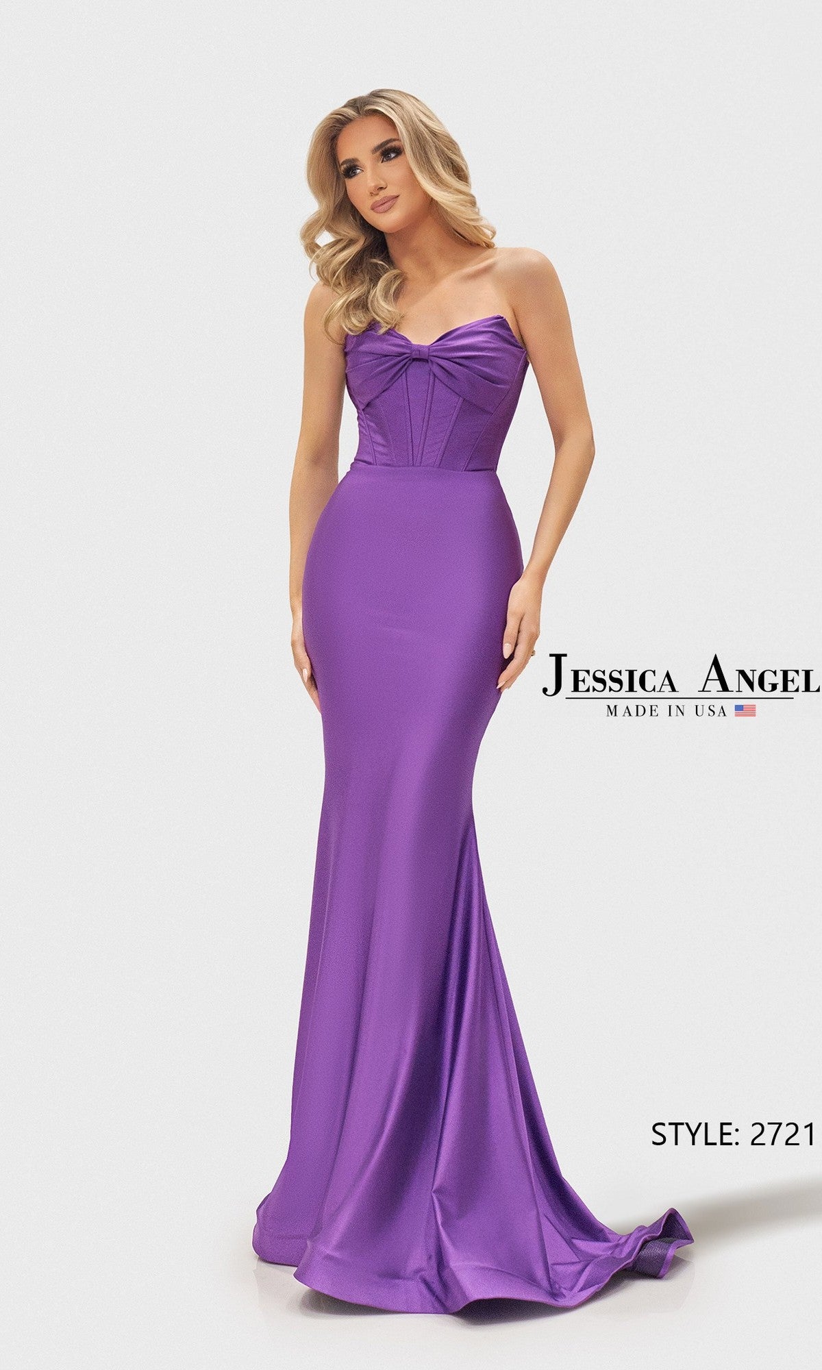 A woman wears a bright purple Long Prom Dress, Jessica Angel 2721, featuring a strapless fitted bodice and floor-length design.
